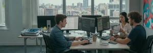 3 people at the office desks with a city view