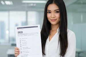 asian female with long dark hair portrait holding up a seo checklist